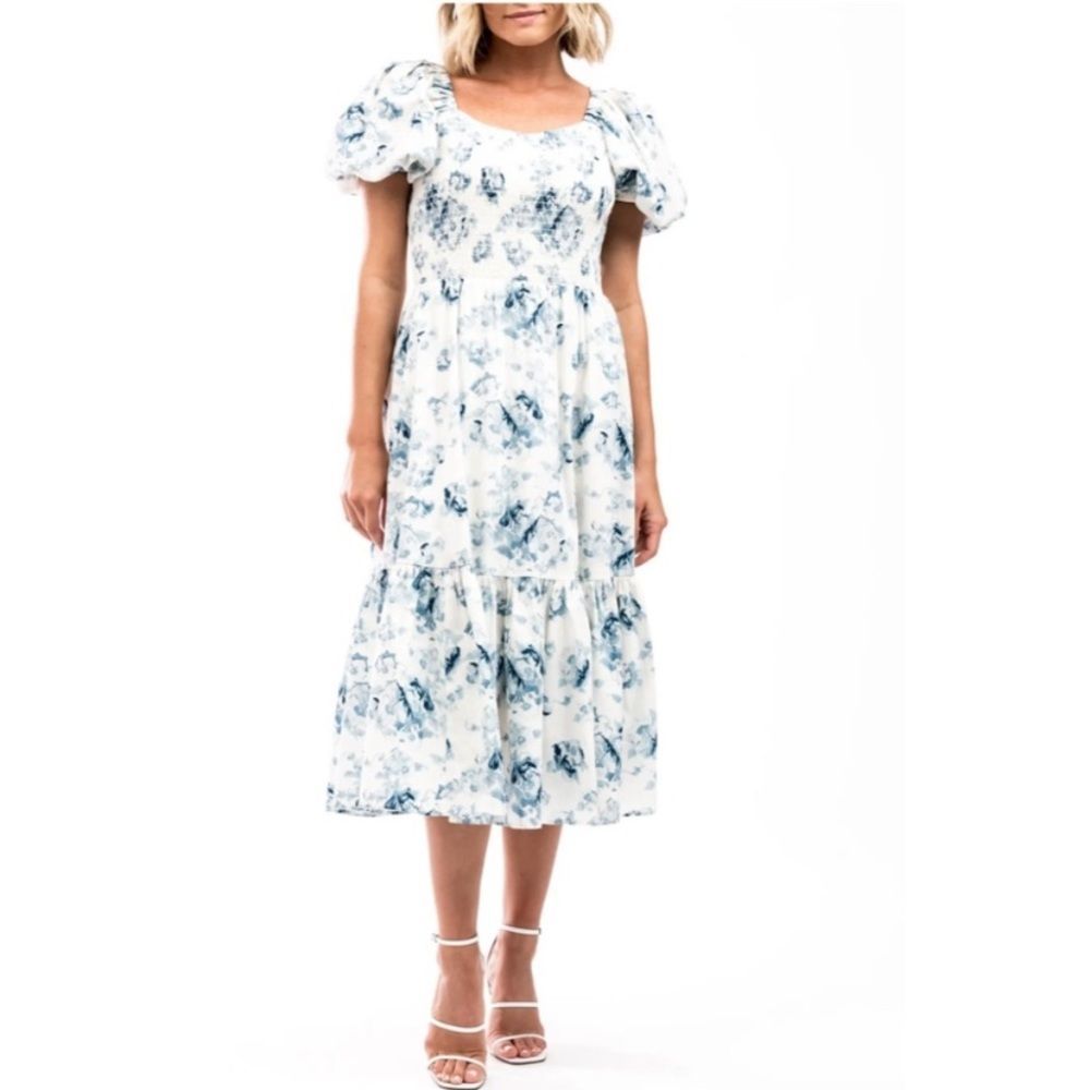 RACHEL PARCELL Puff Sleeve Midi Dress in Blue Floral